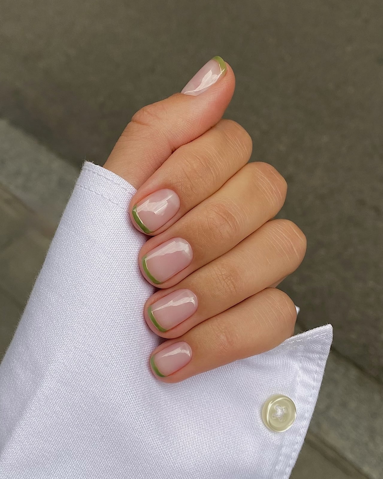 Green Outline French Style Short Square — Short Gel Nails