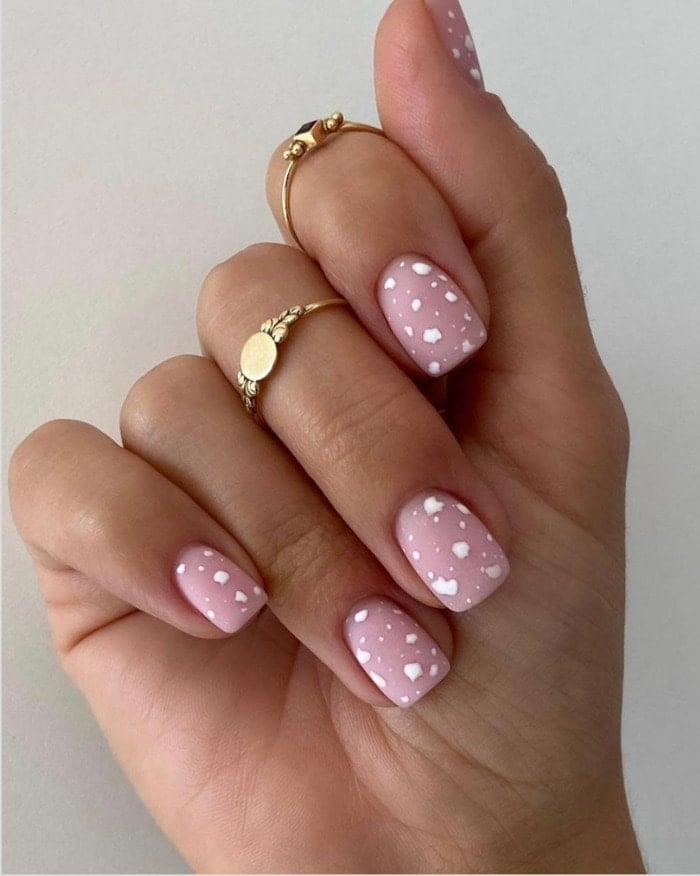 Matte Pink White Heart Short Square — Short Gel Nails