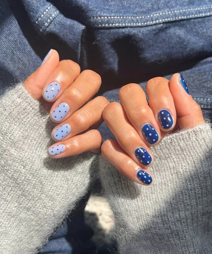 Blue White Polka Dot Rounded Nails — Short Gel Nails