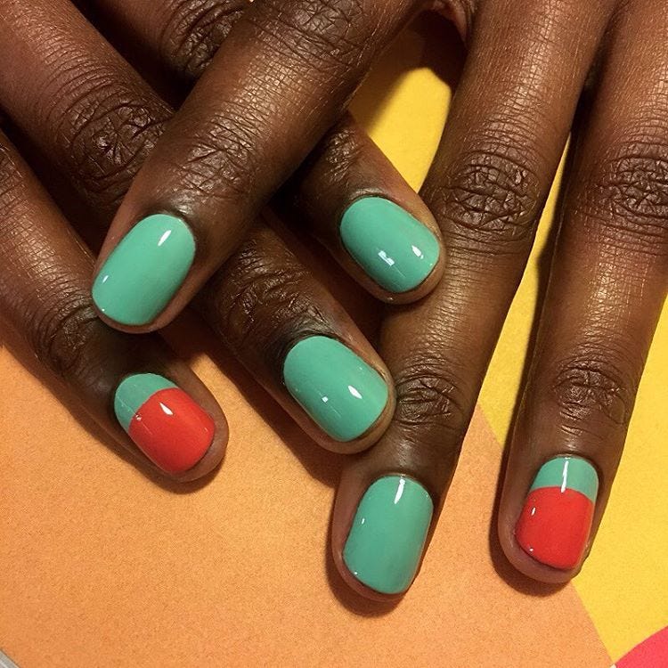 Teal Coral Red Color Block Rounded — Short Gel Nails