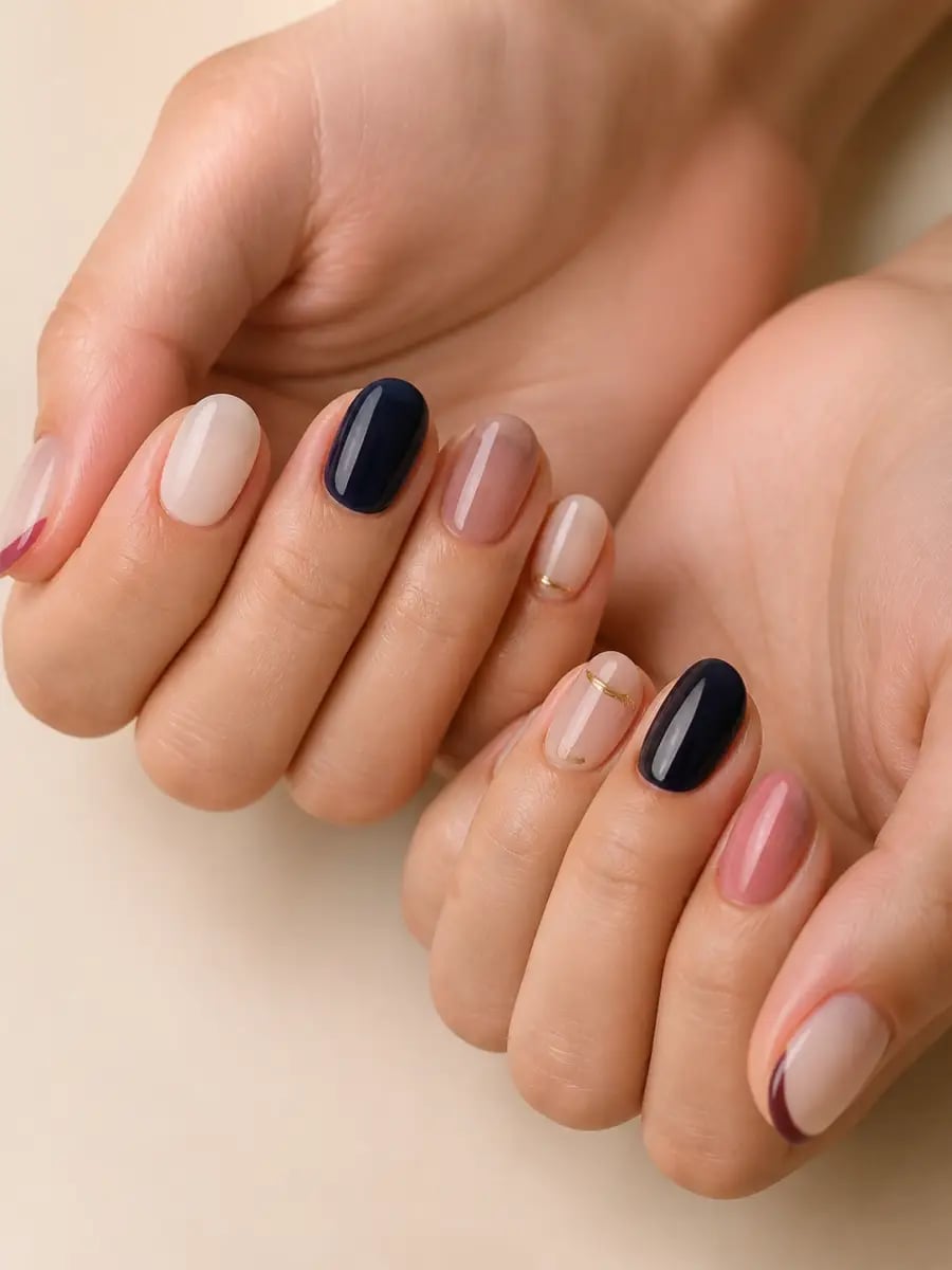 Mixed Nude Beige Navy Gold Stripe Oval — Short Gel Nails