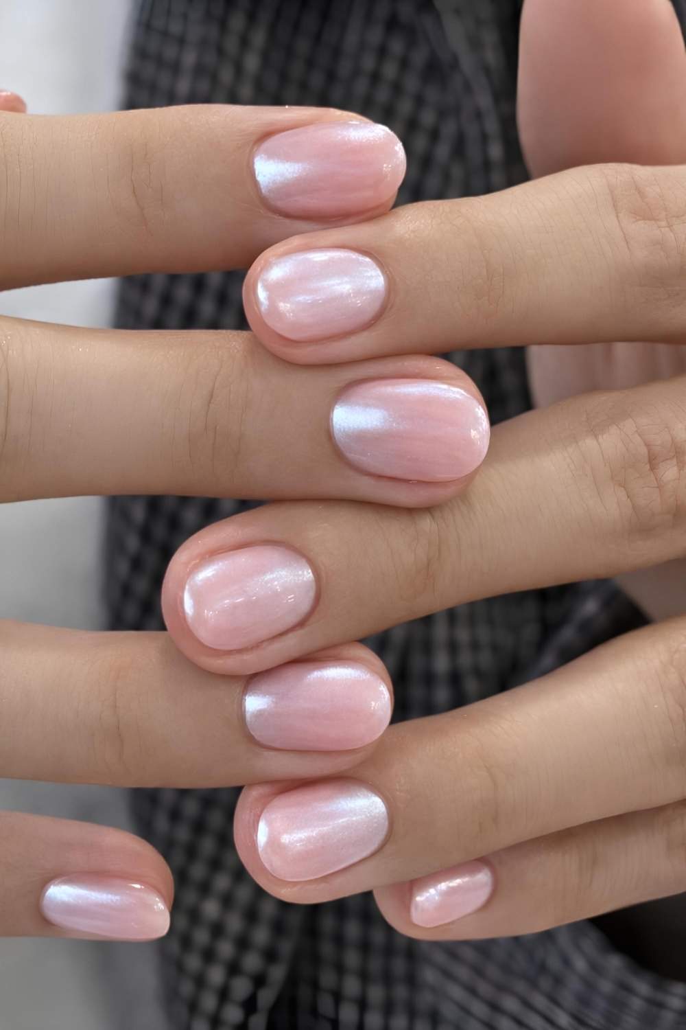 Iridescent Shimmer Pale Pink Short Oval Nails — Short Gel Nails