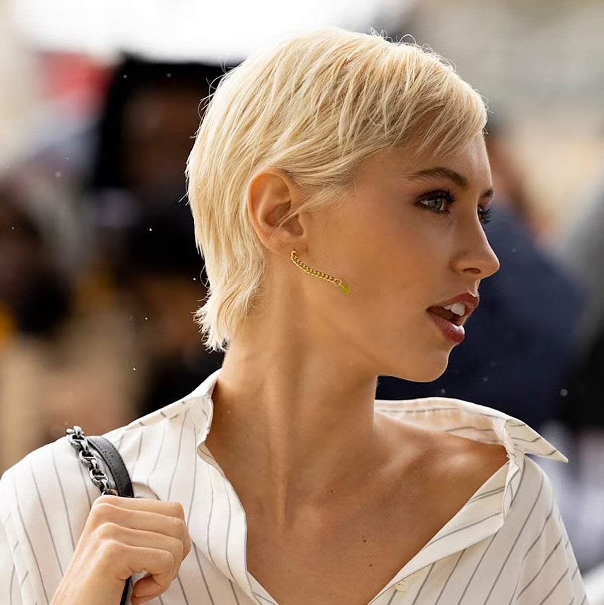 Ash Blonde Pixie With Textured Side-Swept Bangs, Ear Ash Blonde Pixie With Textured Side-Swept Bangs, Ear — Short Hair Hairstyles