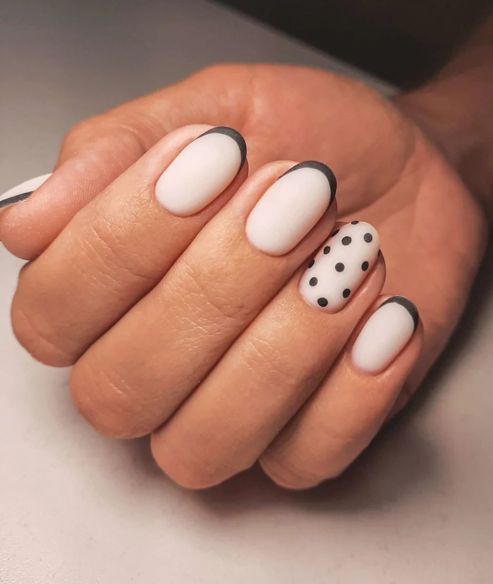 Matte White Glossy Black French Polka Dot Nails Matte White Glossy Black French Polka Dot Nails — Short Round Nails