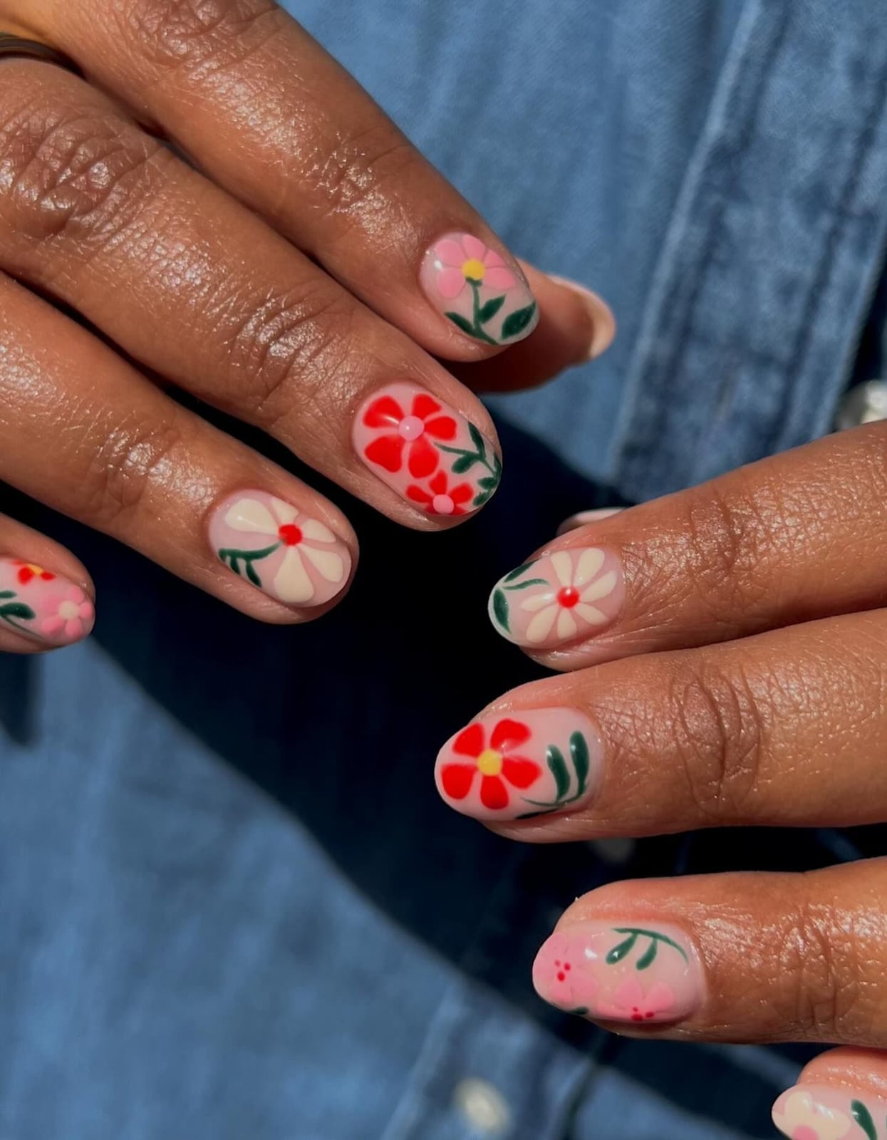Short Round Nude Floral Art Nails Short Round Nude Floral Art Nails — Short Round Nails