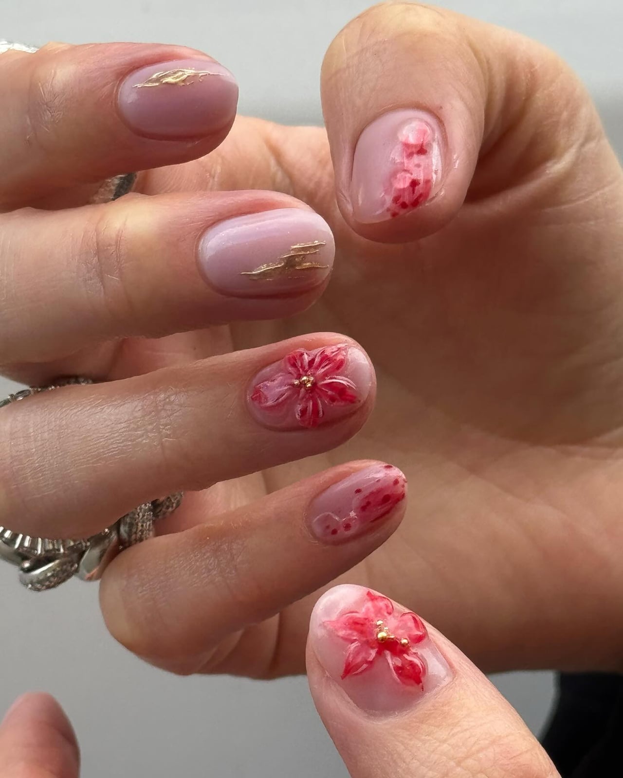 Sheer Pink with 3D Floral and Gold Foil Sheer Pink with 3D Floral and Gold Foil — Short Round Nails