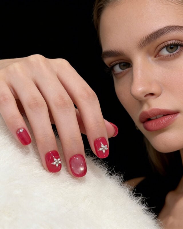 Vibrant Red with Rhinestone Flower Vibrant Red with Rhinestone Flower — Short Round Nails