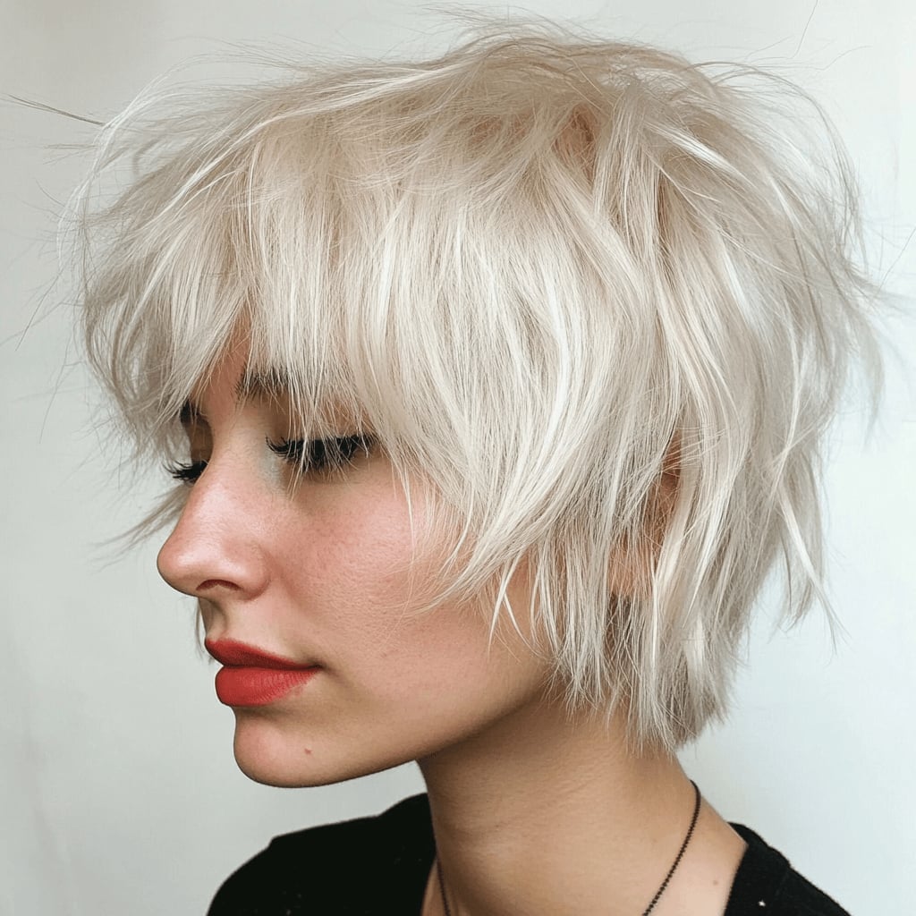 Platinum Blonde Chin Length Shag With Wispy Curtain Bangs — Short Shag Haircuts