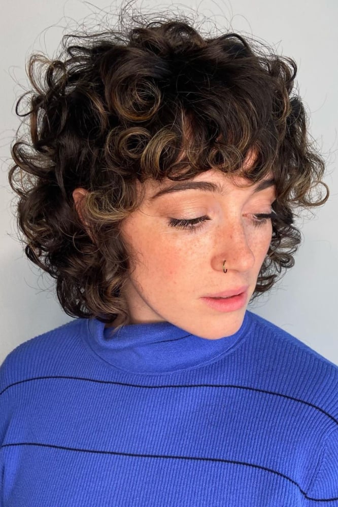 Chin Length Dark Brown Shag With Curly Bangs and Air Dried — Short Shag Haircuts