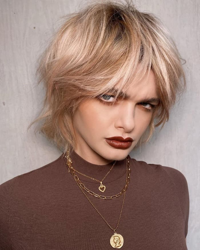 Chin Length Shag With Choppy Bangs And Root Shadow — Short Shag Haircuts