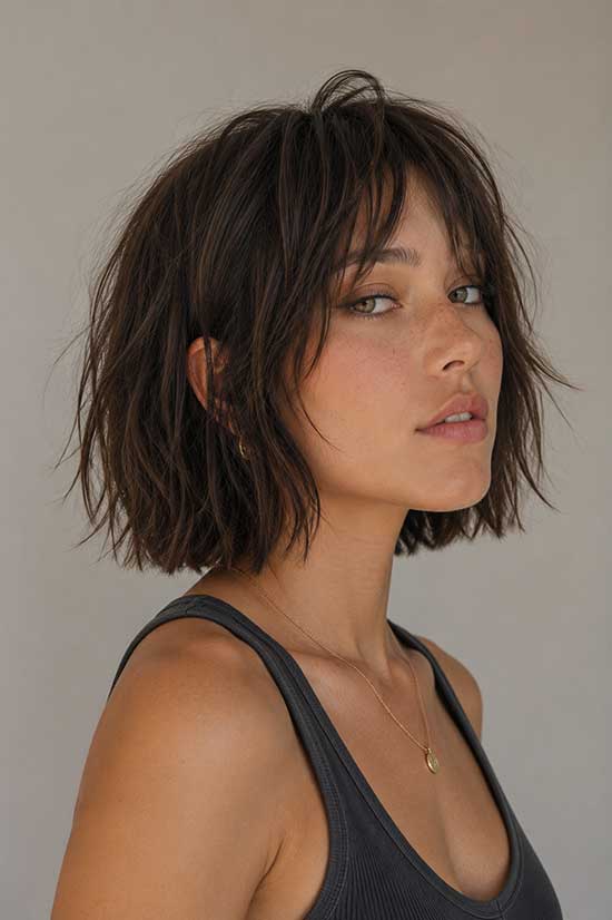 Collarbone Shag With Curtain Bangs In Dark Brown — Short Shag Haircuts
