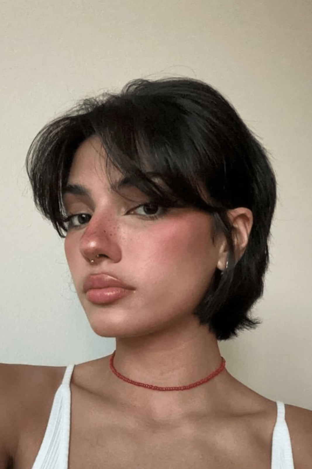 Chin Length Dark Brown Bob Shag With Curtain Bangs — Short Shag Haircuts
