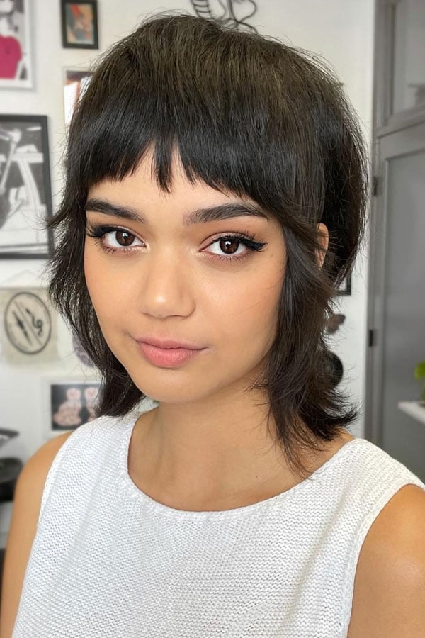 Collarbone Dark Brown Shag With Micro Fringe — Short Shag Haircuts