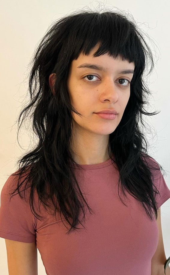Shoulder Length Black Wolf Cut Tousled Texture — Short Wolf Cut