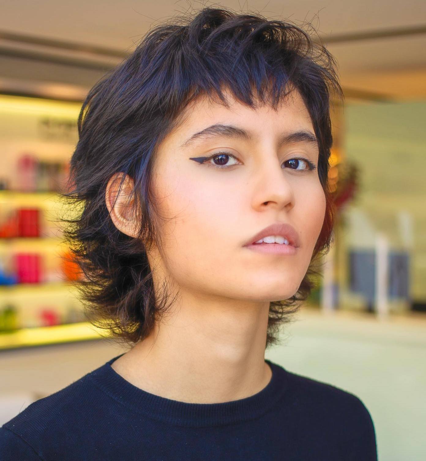 Chin Length Dark Brown Wolf Cut Messy Texture With Short Choppy Bangs — Short Wolf Cut