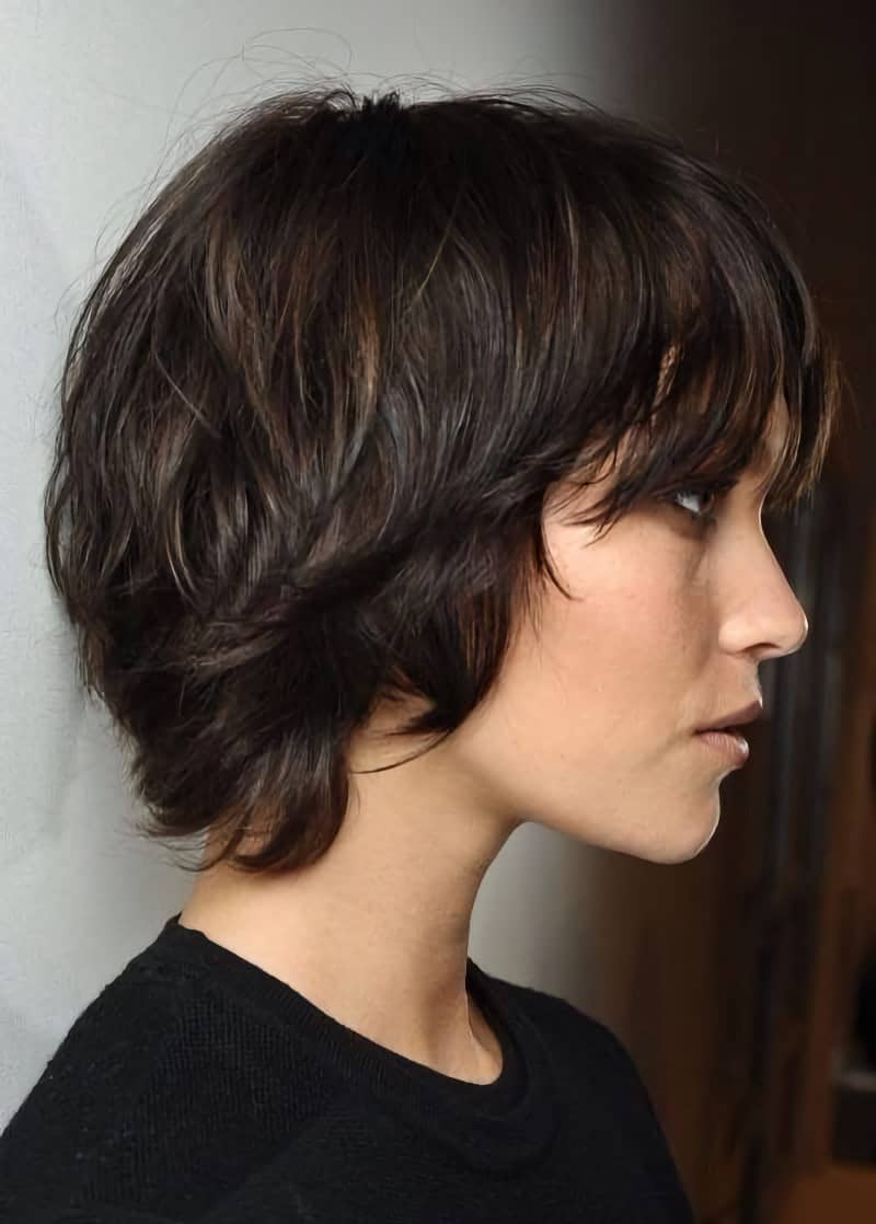 Chin Length Dark Brown Wolf Cut Choppy Bangs, Close-Up Take — Short Wolf Cut