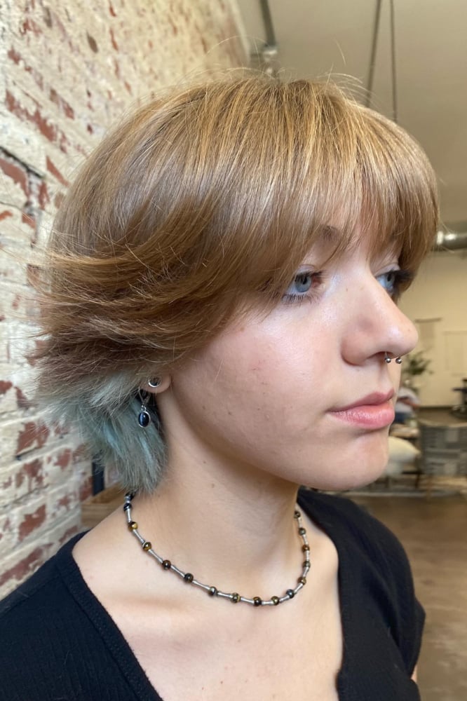 Chin Length Blonde Wolf Cut Blue Tips — Short Wolf Cut