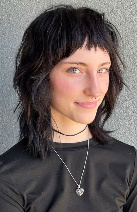 Chin Length Dark Brown Wolf Cut Micro Bangs With Creating A Bold Look — Short Wolf Cut