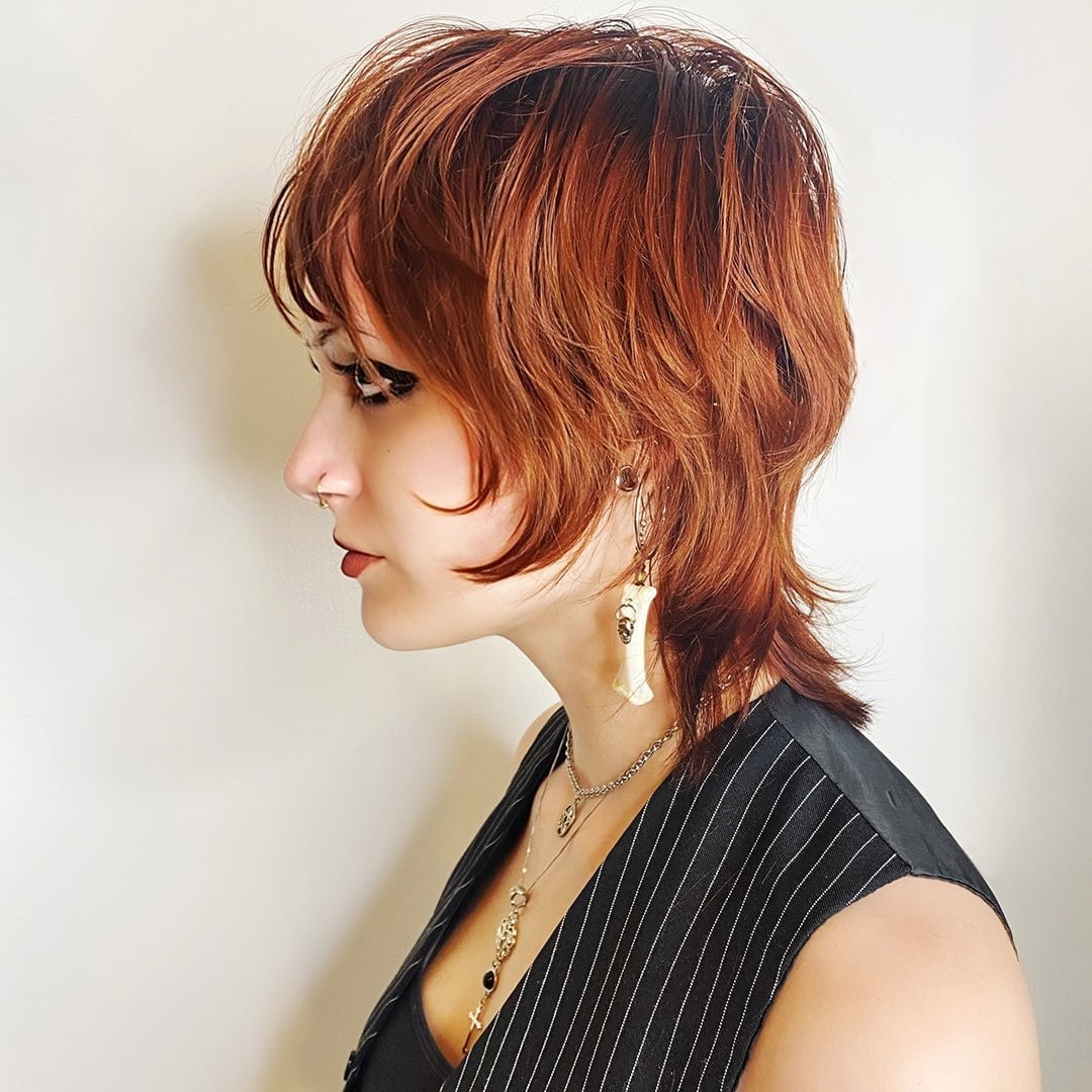 Ear Length Reddish Brown Wolf Cut Wispy Bangs — Short Wolf Cut