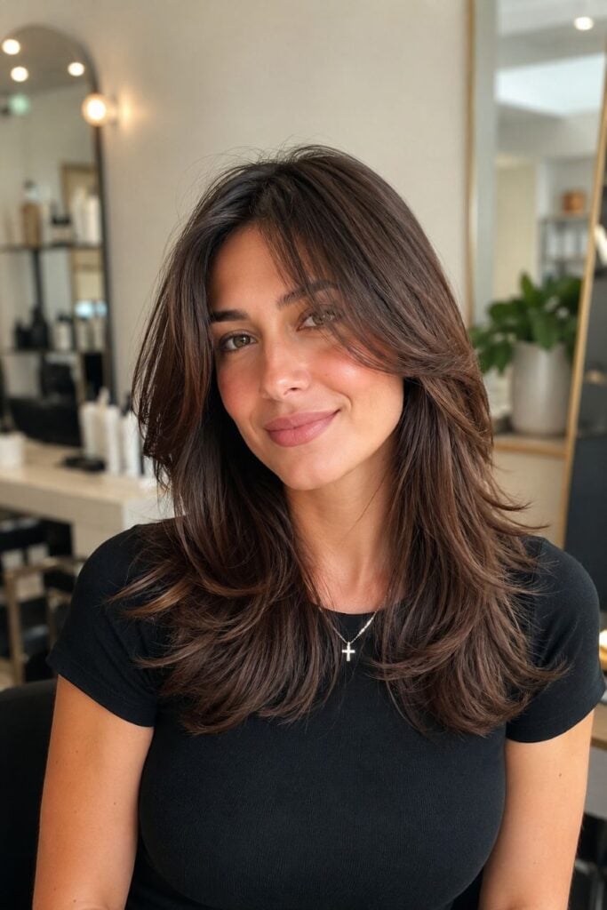 Dark Brown Mid-Back Length Layers With Face-Framing Bangs — Shoulder Length Haircuts