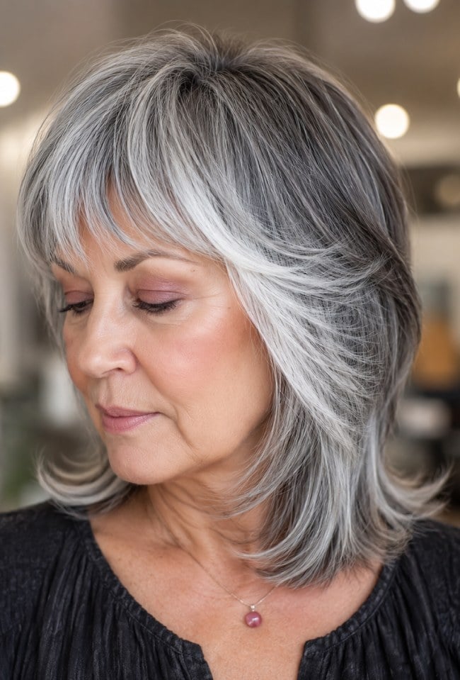 Collarbone Shag With Wispy Bangs In Silver — Shoulder Length Haircuts