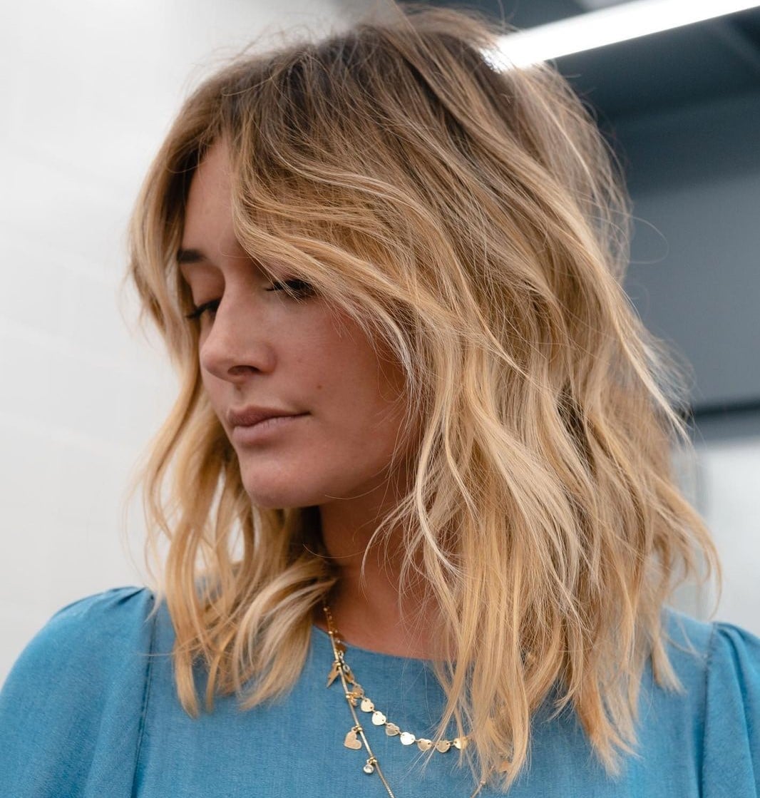 Collarbone Layered Cut With Blonde Balayage And Waves and Air Dried — Shoulder Length Haircuts