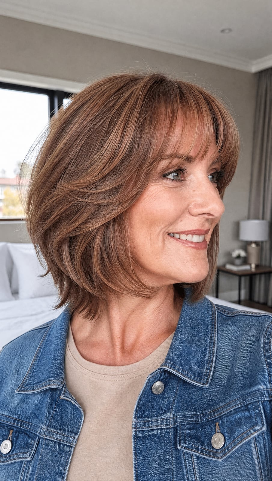 Chin Length Layered Cut With Full Bangs And Copper Highlights — Shoulder Length Haircuts