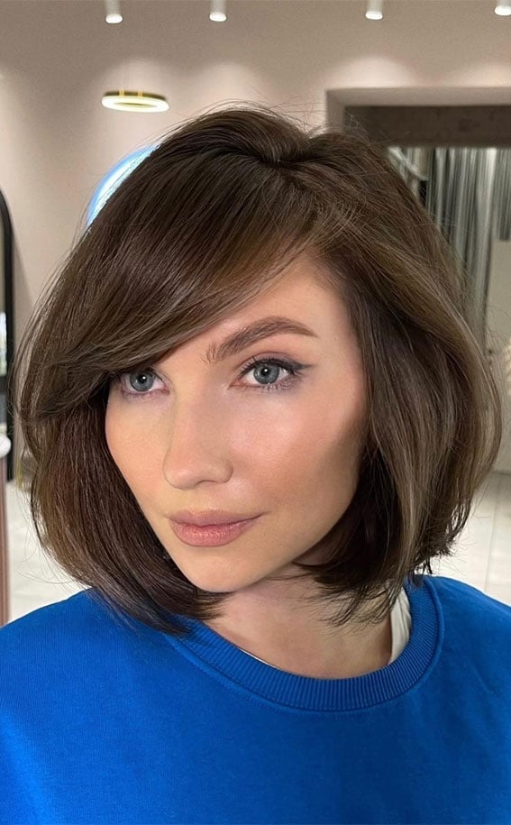 Chin Length Bob With Side-Swept Bangs, Close-Up Take — Side Part