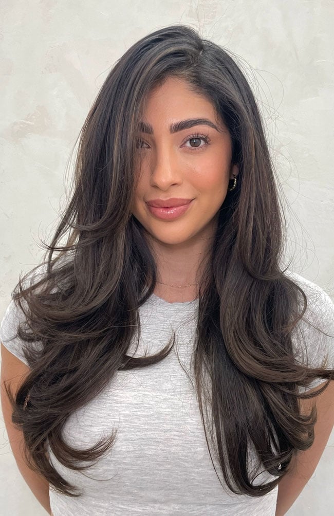 Mid-Back Dark Brown With Face-Framing Layers — Side Part