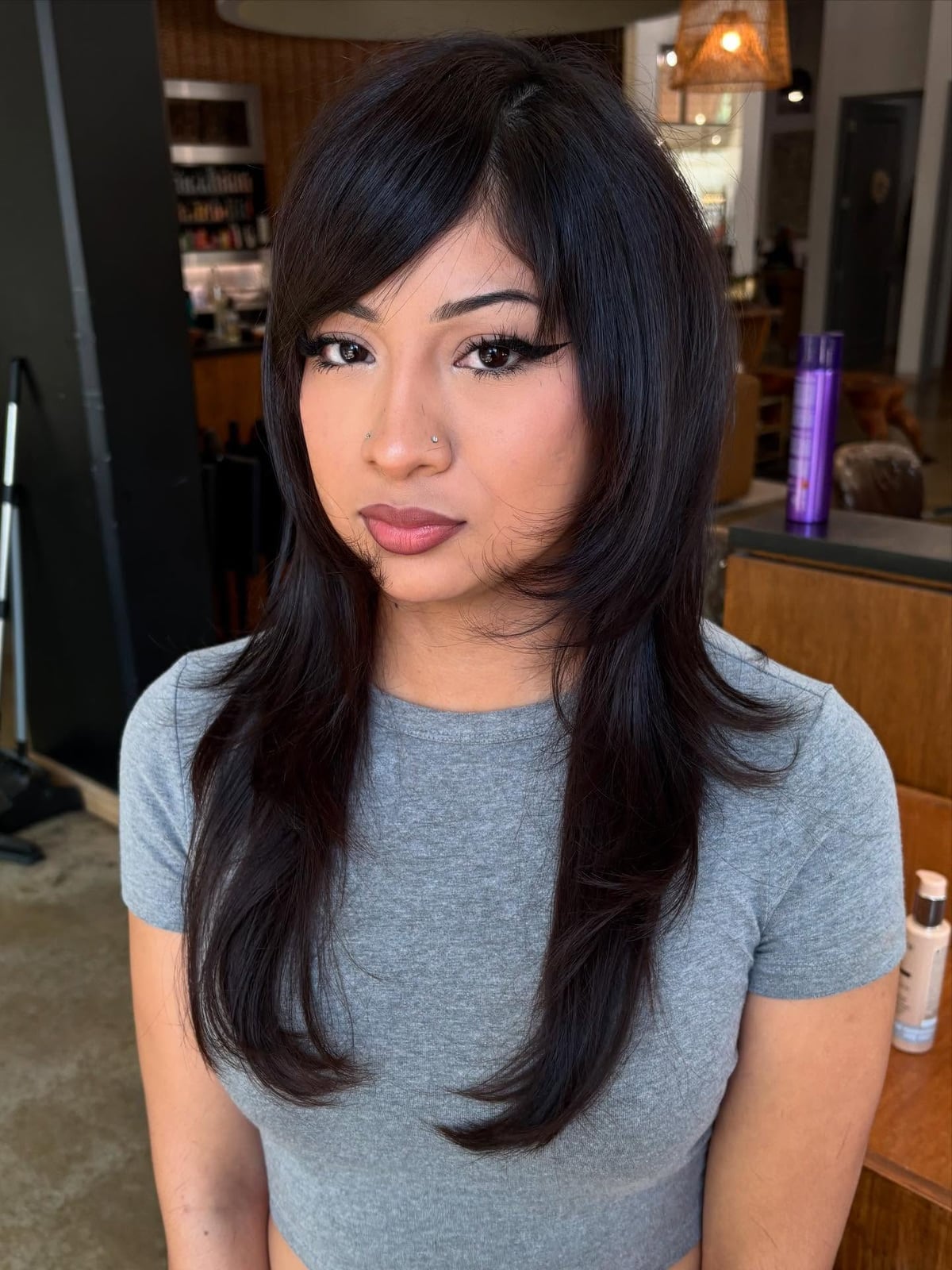 Shoulder Length Shag With Textured Bangs Shoulder Length Shag With Textured Bangs — Side Part Bangs