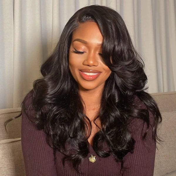 Mid-Back Thick Dark Brown With Side-Swept Bangs Mid-Back Thick Dark Brown With Side-Swept Bangs — Side Part Bangs