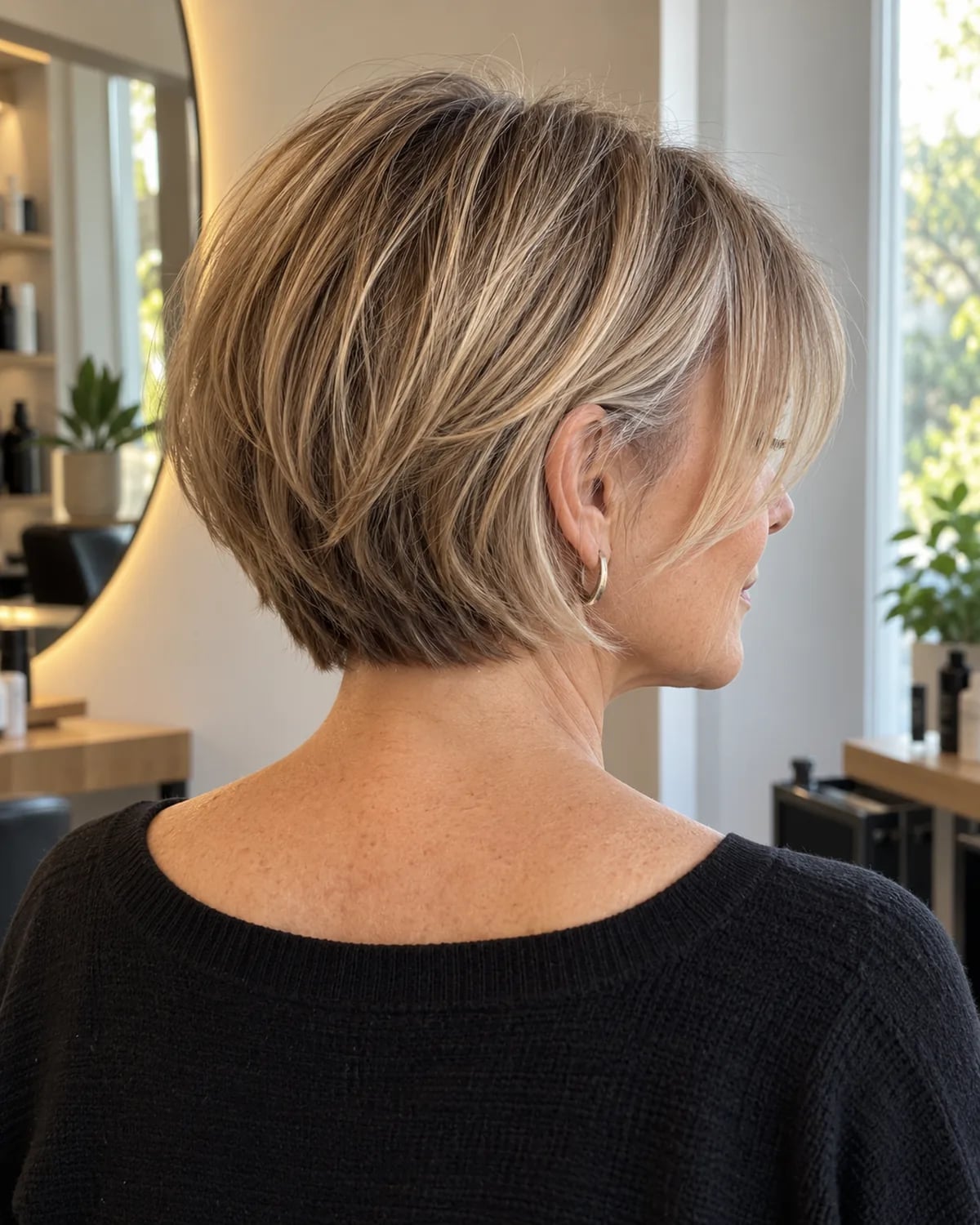 Ear Length Layered Bob With Blonde Highlights Ear Length Layered Bob With Blonde Highlights — Side Part Bangs