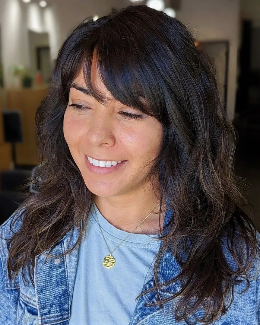 Mid-Back Dark Brown With Subtle Highlights Mid-Back Dark Brown With Subtle Highlights — Side Part Bangs