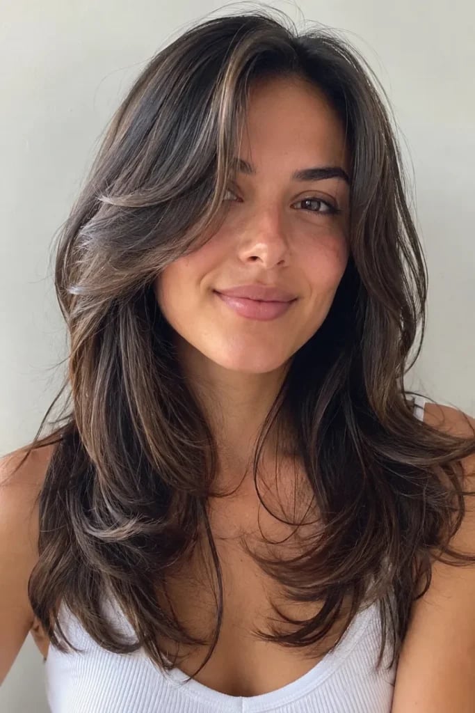 Air-Dried Dark Brown Lob With Face-Framing Fringe Air-Dried Dark Brown Lob With Face-Framing Fringe — Side Part Bangs
