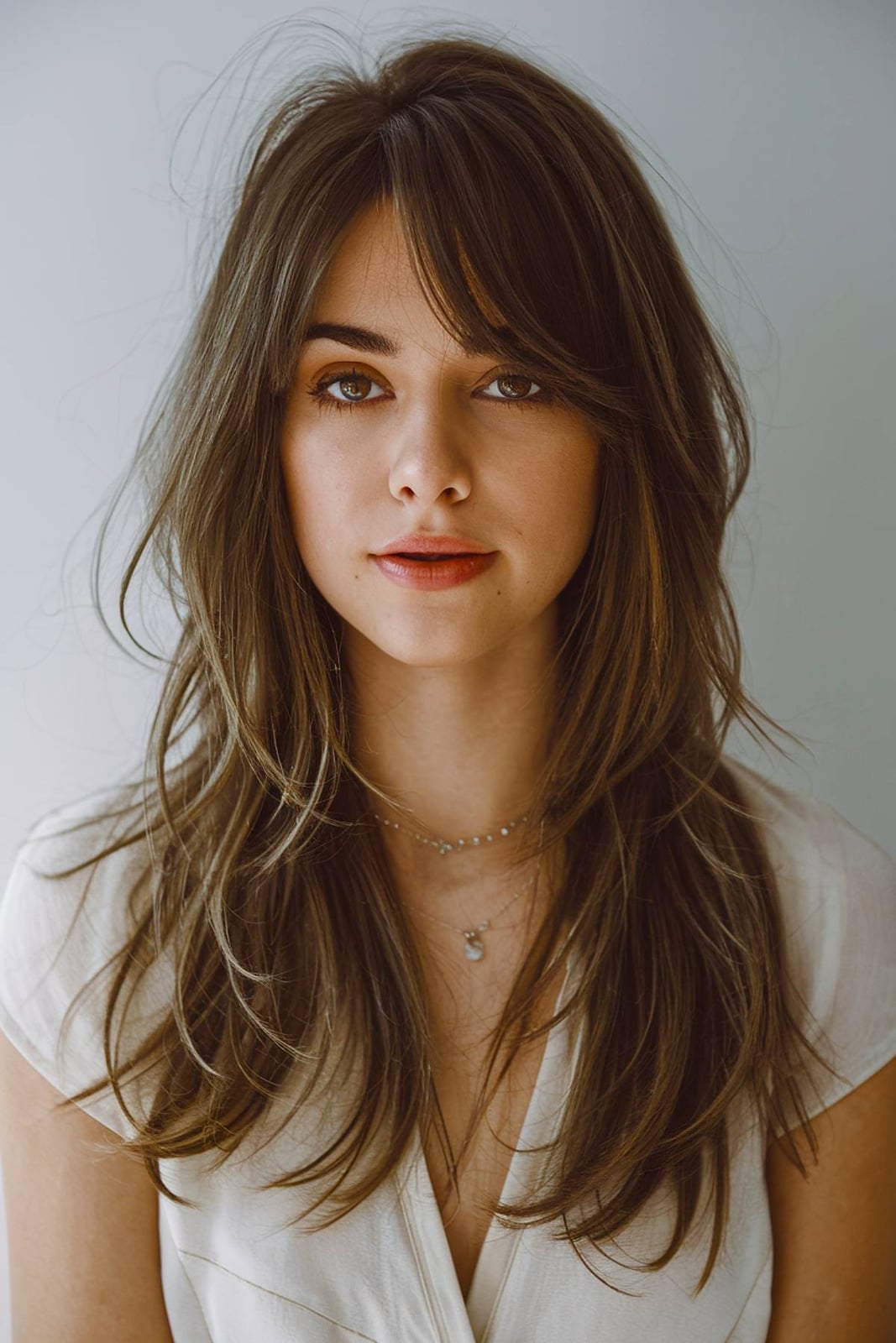 Brunette Mid-Back Soft Waves With Side Layers Brunette Mid-Back Soft Waves With Side Layers — Side Part Bangs