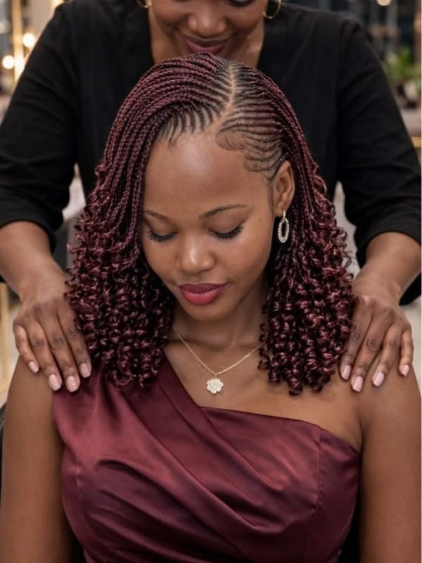 Dark Red Braids With Loose Curls Dark Red Braids With Loose Curls — Side Part Braids