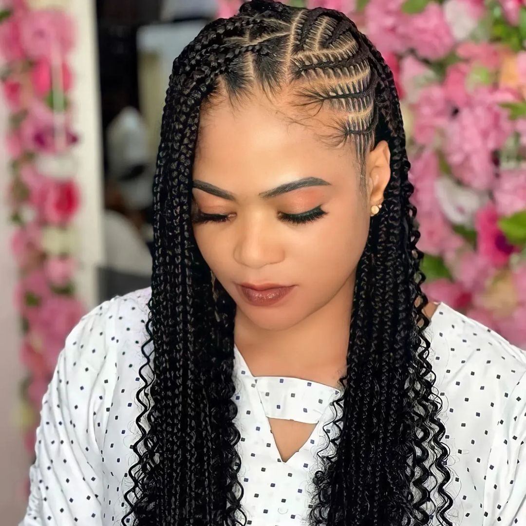 Black Cornrows To Long Mid-Back Braids, Straight Black Cornrows To Long Mid-Back Braids, Straight — Side Part Braids