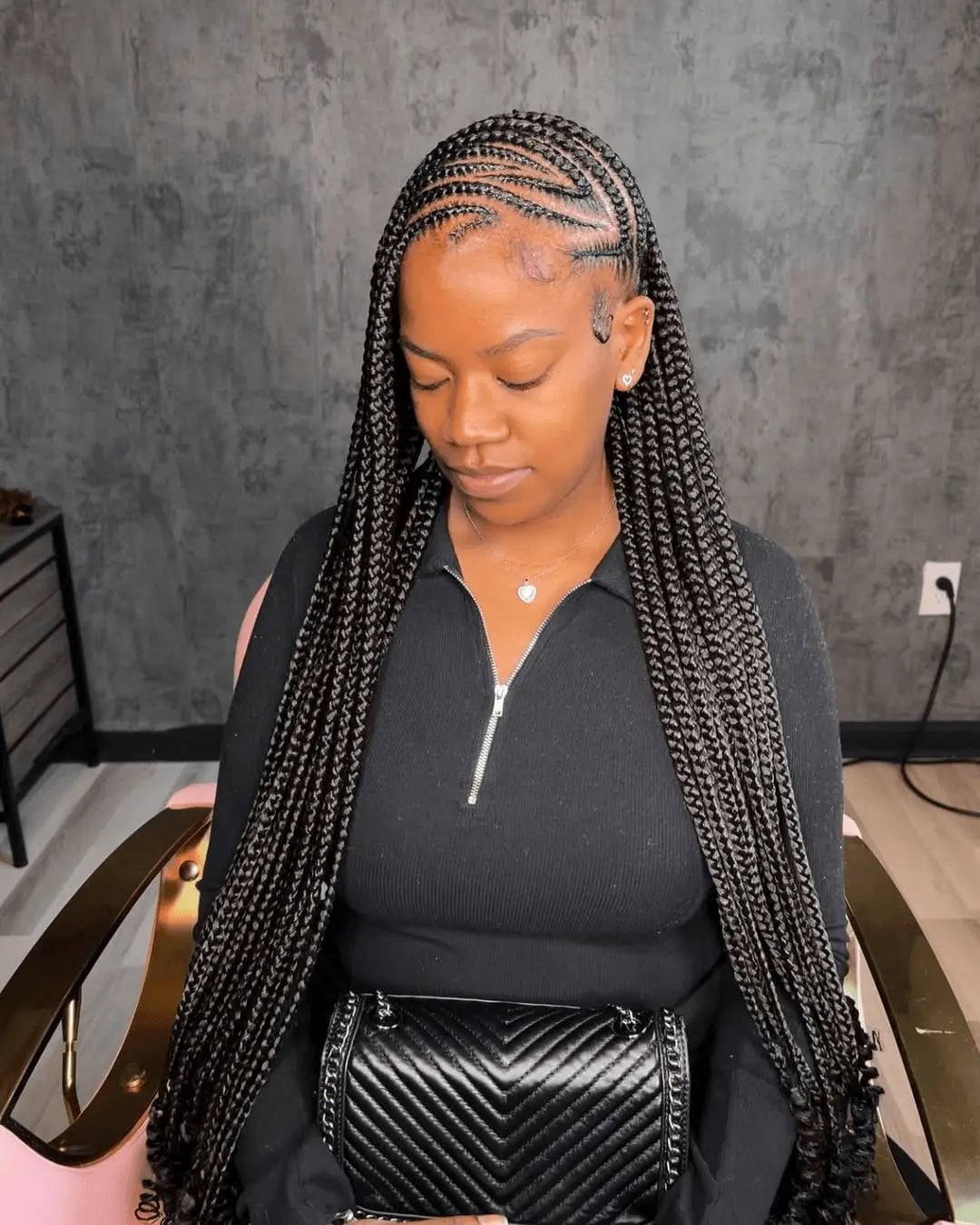 Black Cornrows To Mid-Back Box Braids Black Cornrows To Mid-Back Box Braids — Side Part Braids