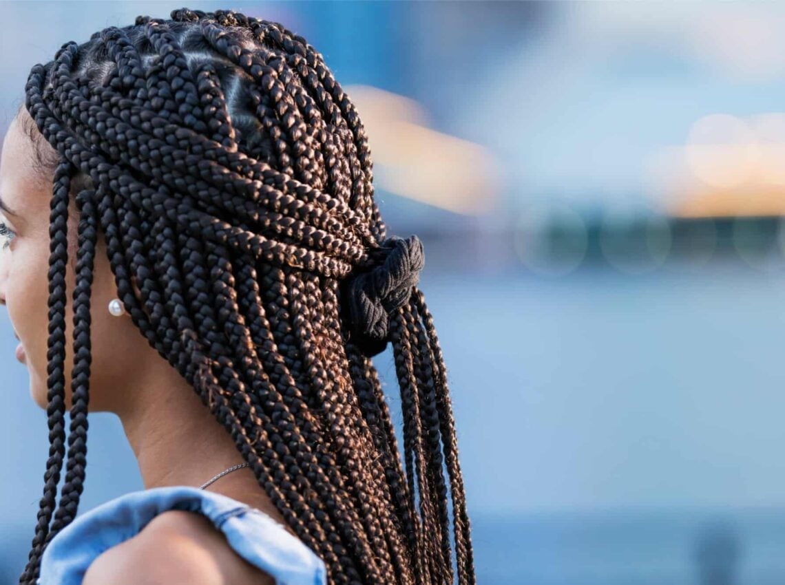 Dark Brown Coily Box Braids With Scrunchie Dark Brown Coily Box Braids With Scrunchie — Side Part Braids