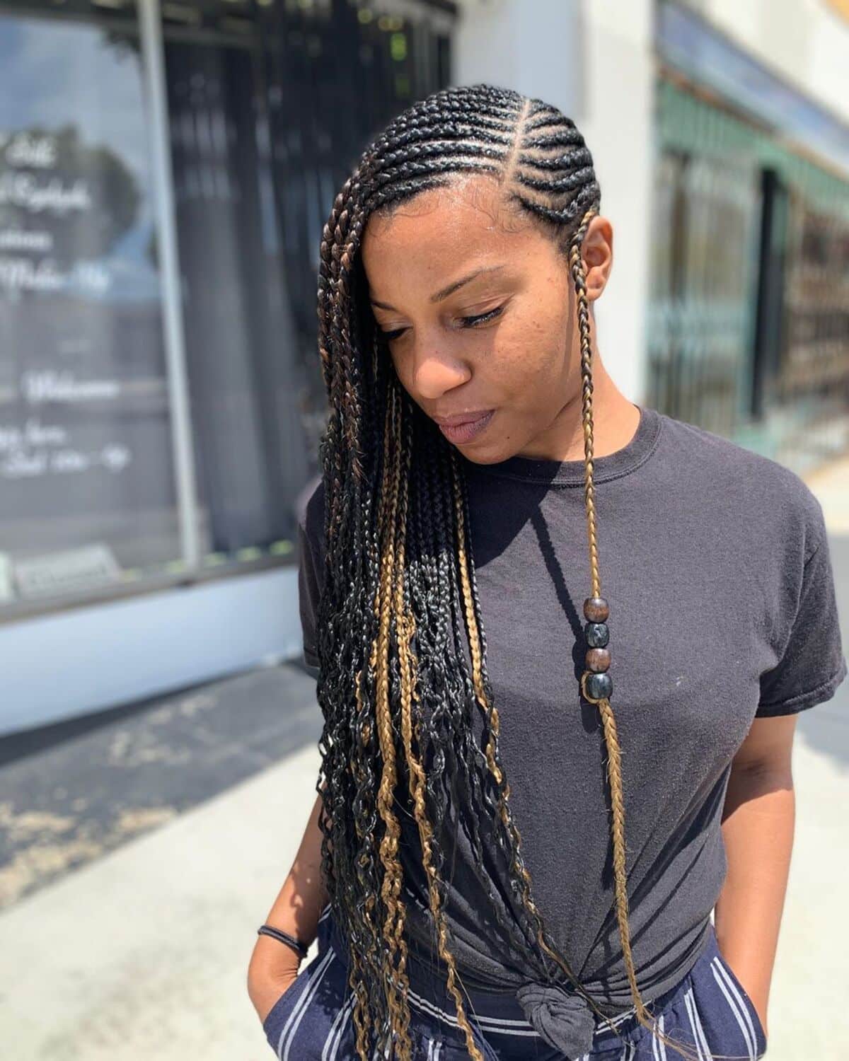 Two-Tone Cornrows With Loose Wavy Braids Two-Tone Cornrows With Loose Wavy Braids — Side Part Braids
