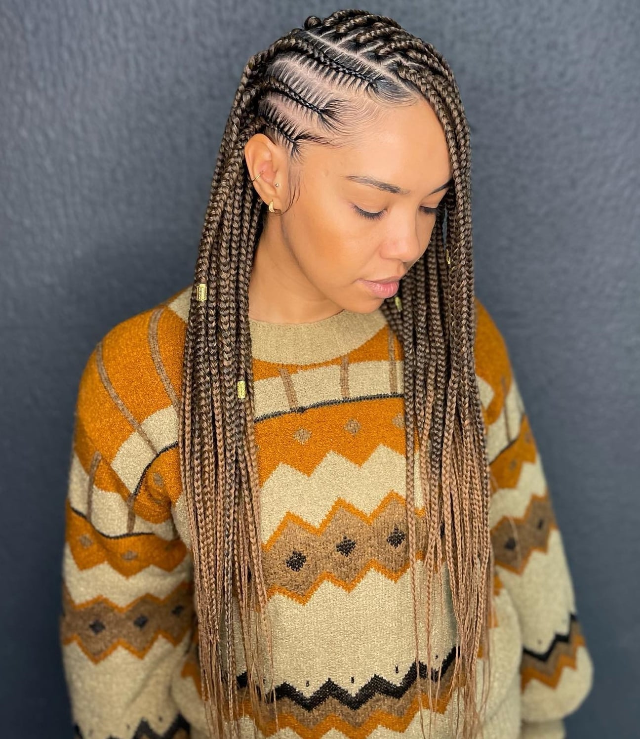 Brown Cornrows With Box Braids And Highlights Brown Cornrows With Box Braids And Highlights — Side Part Braids