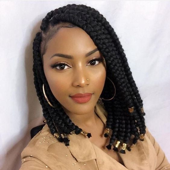 Black Bob Box Braids With Side-Swept Bangs Black Bob Box Braids With Side-Swept Bangs — Side Part Braids