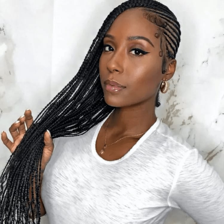 Black Micro Braids With Side-Swept Bangs Black Micro Braids With Side-Swept Bangs — Side Part Braids