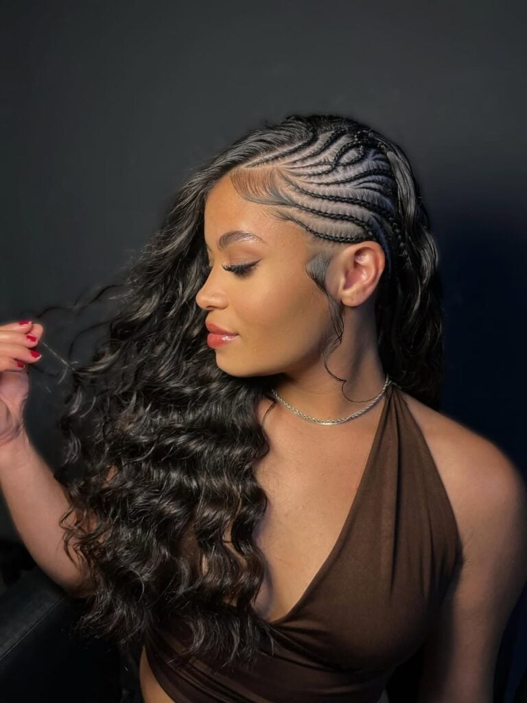 Black Cornrows To Wavy Mid-Back Braids, Flowing Into Long Black Cornrows To Wavy Mid-Back Braids, Flowing Into Long — Side Part Braids
