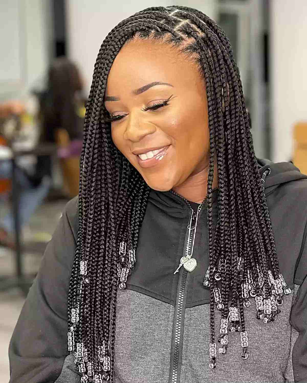 Thick Black Knotless Braids With Beads Thick Black Knotless Braids With Beads — Side Part Braids