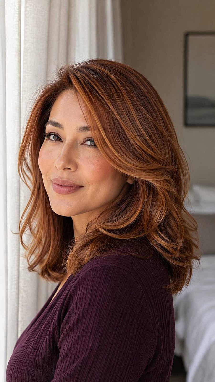 Collarbone Copper Waves With Blonde Highlights — Side Part Hairstyles