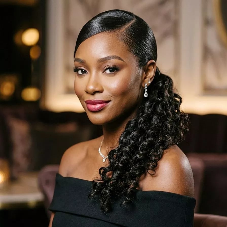 Thick Curly Black Mid-Back Ponytail — Side Part Ponytail