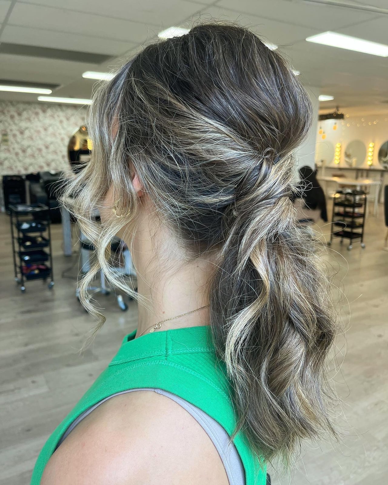 Textured Ash Blonde Collarbone Ponytail — Side Part Ponytail