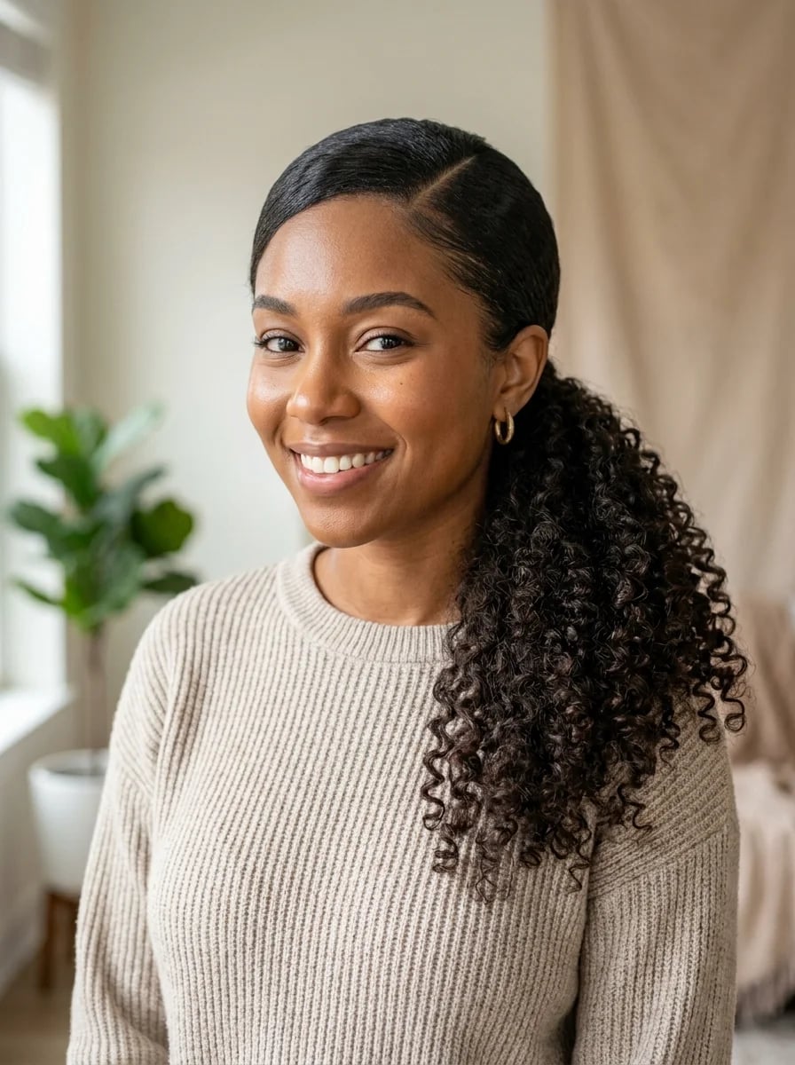 Sleek Dark Brown Wavy Mid-Back Ponytail With A Woman With Thick — Side Part Ponytail