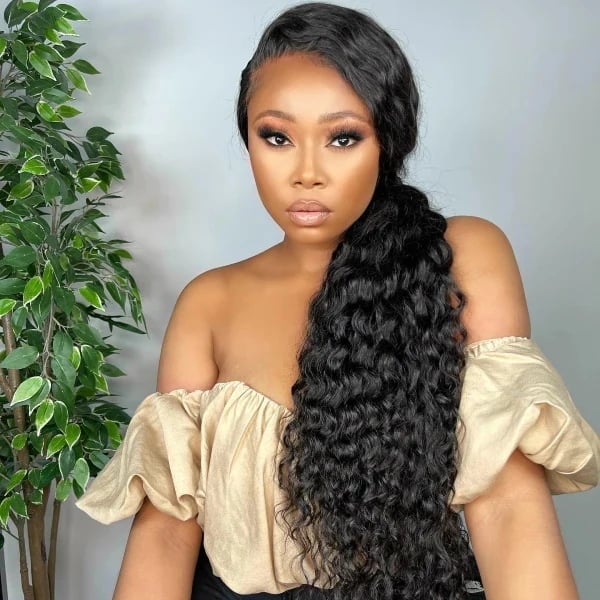 Voluminous Dark Brown Highlighted Mid-Back Ponytail — Side Part Ponytail